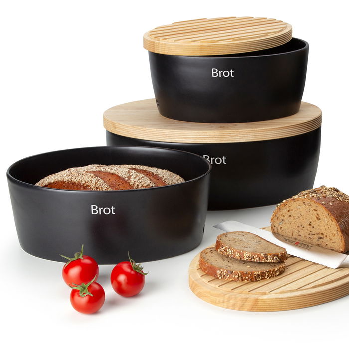 Continenta Panera 30x23 Negra Cerámica Tapa Madera Altura 13,5 cm